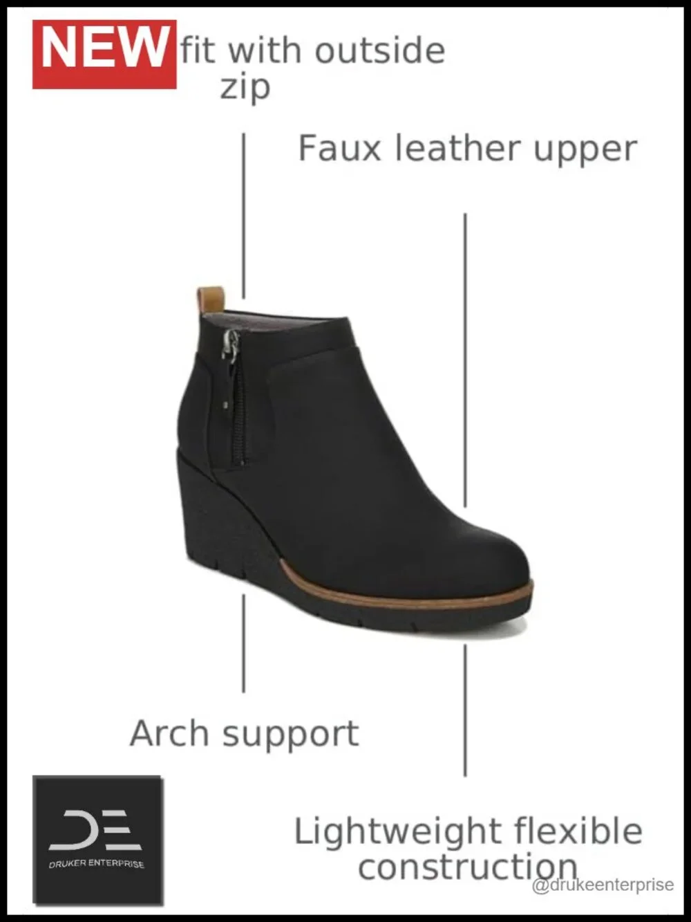 Faux Leather Ankle Booties with Wedge Heel and Zip Closure